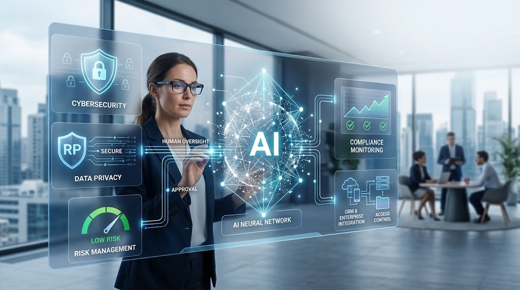 AI governance for IT systems, including cybersecurity, data privacy, risk management, and human oversight